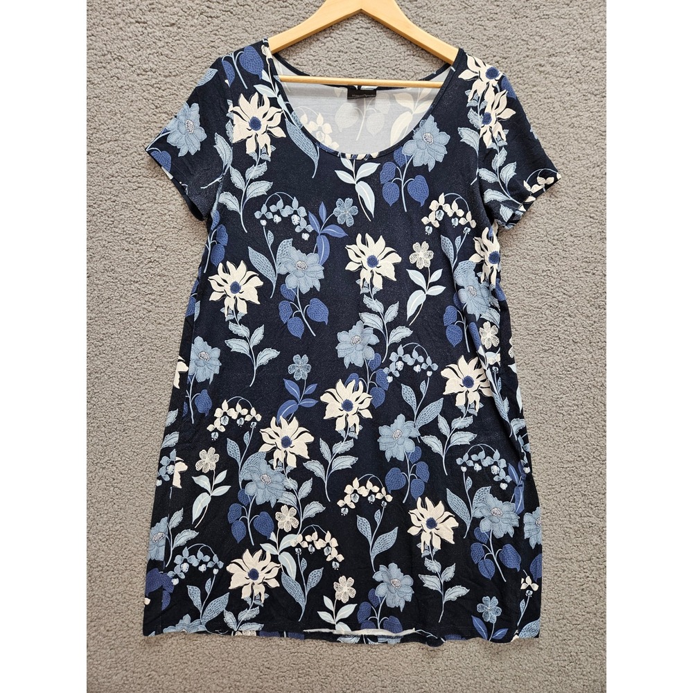 J. Jill Wearever Tunic Dress Small Petite Blue Floral Short Sleeve Empire Waist